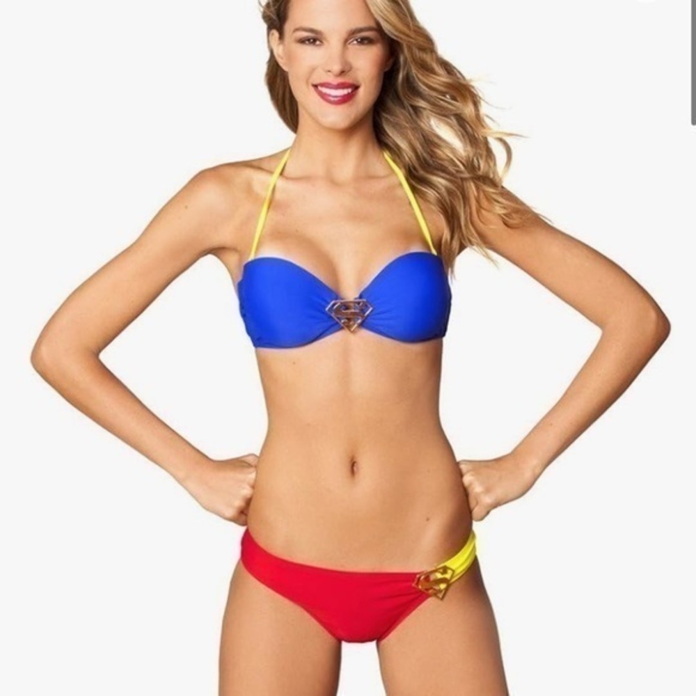 DC Comics sexy Supergirl two piece swimsuit bikini. Cinched bottoms. Padded bra.
